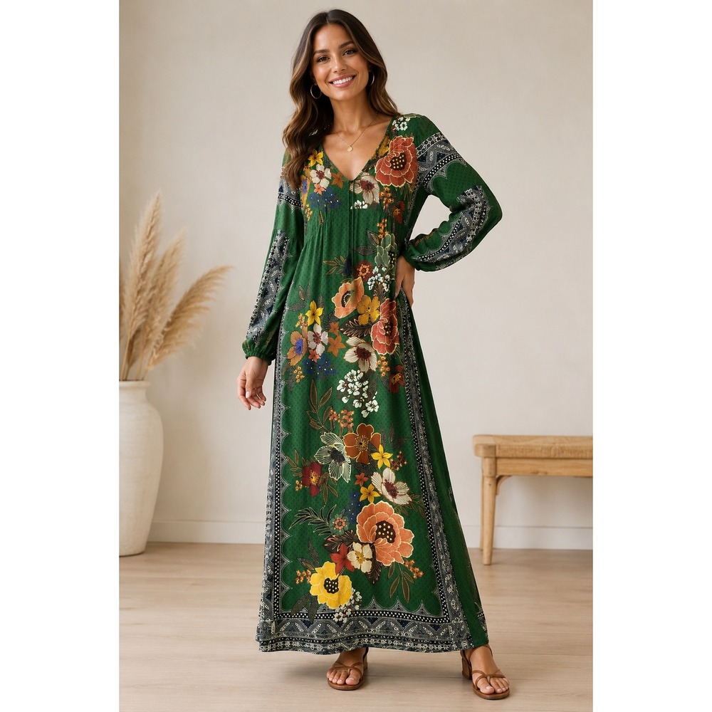 Farm Rio for Anthropologie Cottagecore Verdor Floral Midi Dress Tassel XS 238381